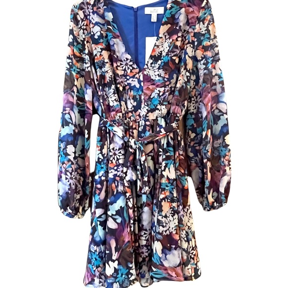 BELLE BADGLEY MISCHKA BLUE PURPLE MULTICOLOR FLORAL V-NECK MINI DRESS - Picture 2 of 16